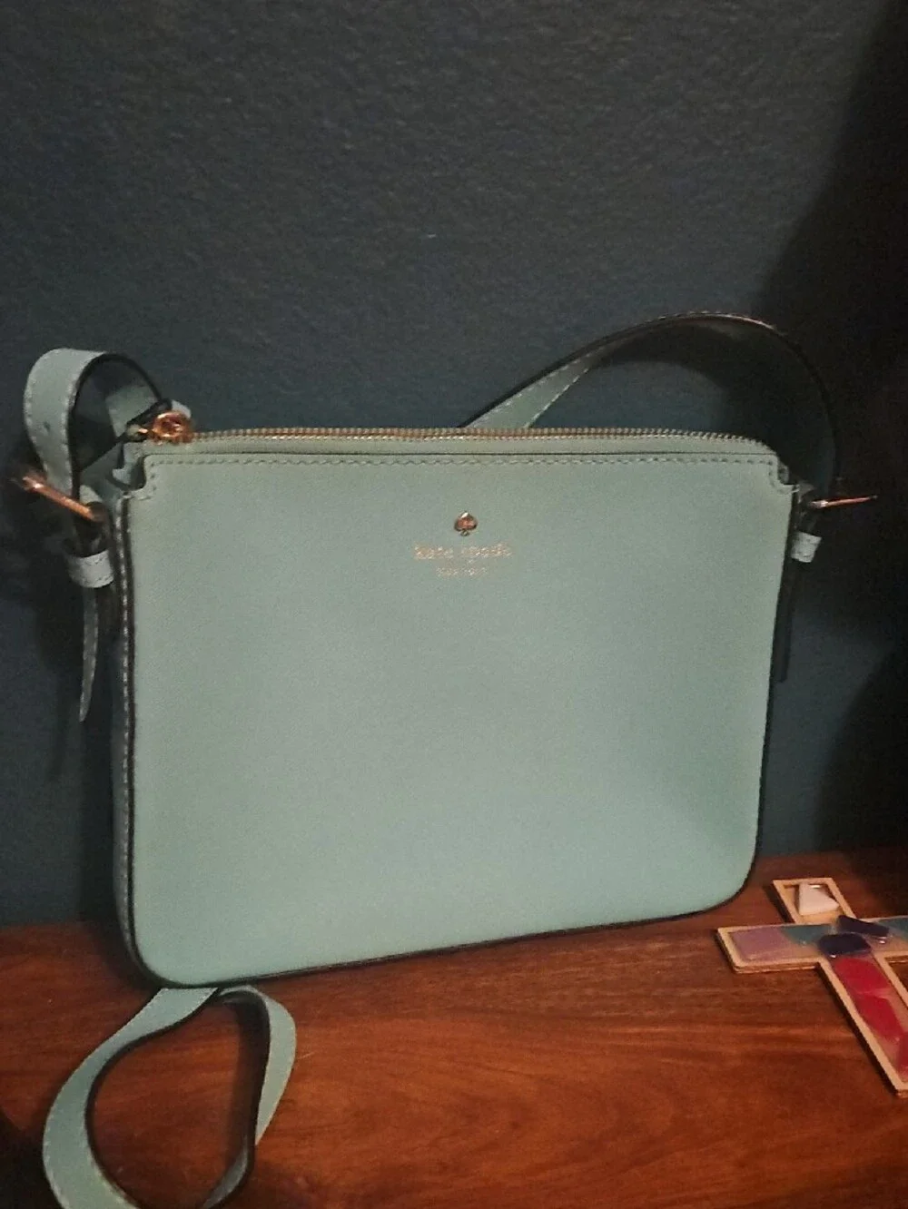 kate spade mint green leather tote with gold logo